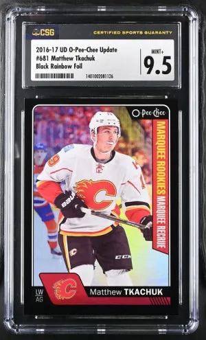 2016-17 UD O-Pee-Chee Update #681 Matthew Tkachuk Black Rainbow Foil 065/100 CSG 9.5 MINT + front